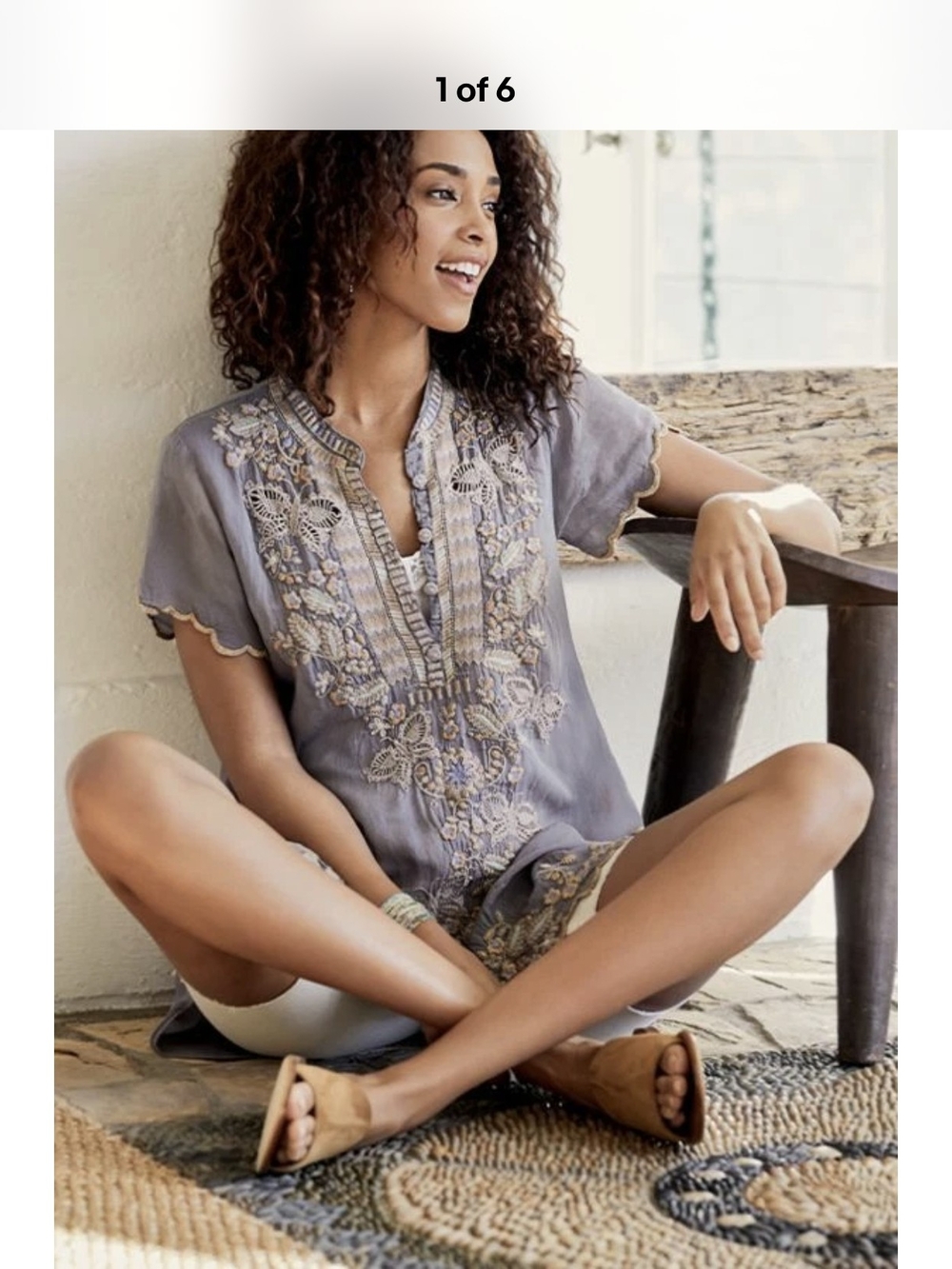 Johnny WAS Light Gray Emroidered Tunic- Blouse Size L NWT.